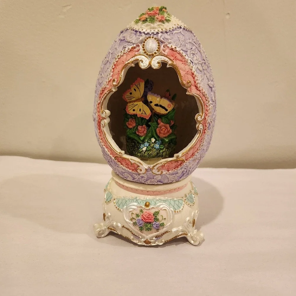 Vintage Victorian Butterfly Lavender Pedestal Egg Music Box  8in.